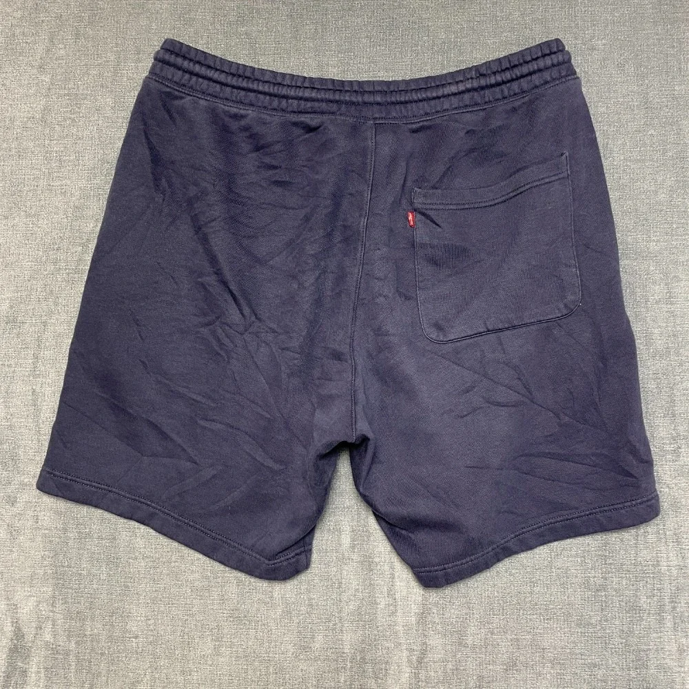 Levi's Sweat Shorts Mens Medium Navy Blue Logo Fleece Lined Flat Front Mid Rise
